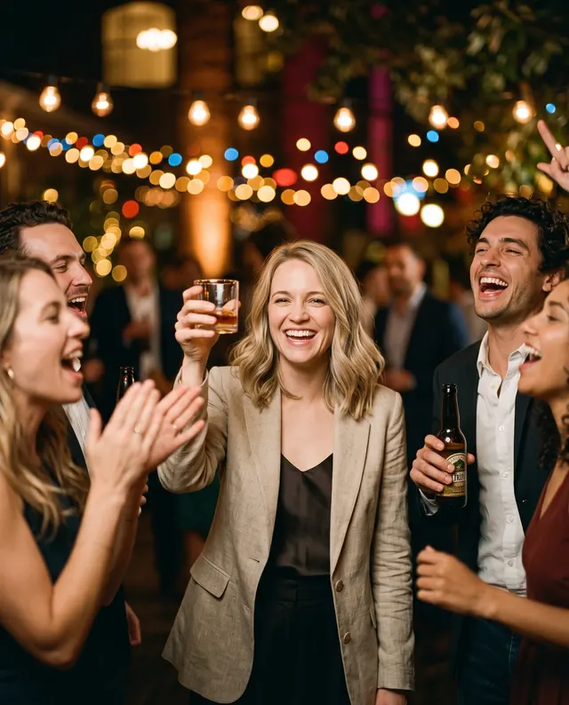 Guests laughing at an evening event